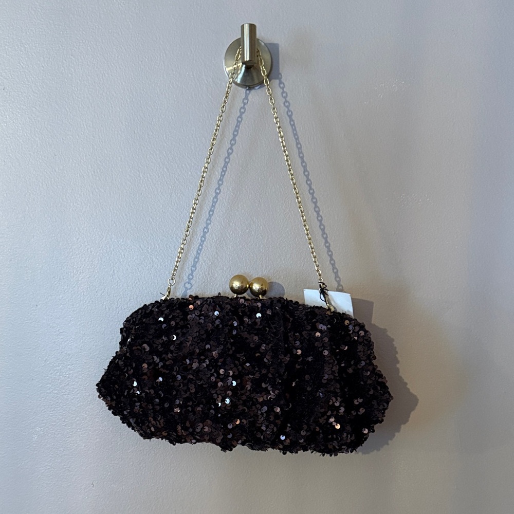 Zara Black Sequin Clutch with Gold Chain